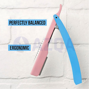 Navaja de barbero profesional plegable de acero inoxidable con soporte de cuchilla rosa y mango de plástico azul cielo para un afeitado suave - Product Image 4