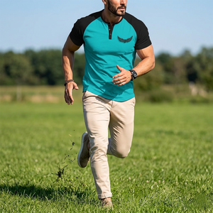 Men's Embroidered Raglan Sleeve <b>Shirt</b> Solid Color Breathable Slim Fit Casual Teal Black Short Sleeve Knitted <b>Polyester</b> <b>T</b>-<b>Shirt</b> - Product Image 4
