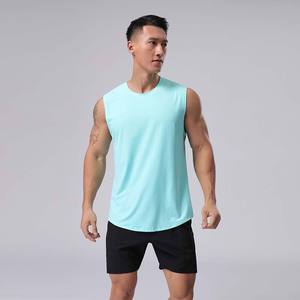 Men's Blue Sleeveless Tank Top O-Neck Quick Dry Breathable Knitted Silk Screen Printed Sporty Fit Front <b>Logo</b> Placement - Product Image 6