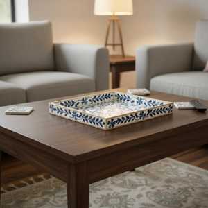 Handmade Bone Inlay Serving Tray, Blue Floral Decorative Tray, Wooden Ottoman Tray, <b>Coffee</b> <b>Table</b> Organizer, Vanity Display Tray - Product Image 3