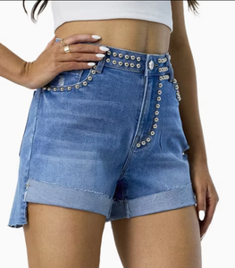 Shorts de Mezclilla para Mujer, Cintura Alta, con Pedrería, Lavado Azul, Cierre de Botones, Personalizados - Product Image 2
