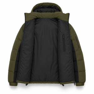 Factory Direct Winter Puffer <b>Jacket</b> Color Block Panels Insulated Hood Custom Embroidery Smooth Black Polyester Lining Outerwear - Product Image 5