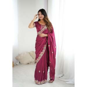 Sari en soie fantaisie avec broderies, fils et sequins, type châle - Product Image 5