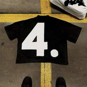 Camiseta Retro Americana Casual 100% Algodón, Cuello Redondo, Corte Cuadrado, Oversize, con Parche Bordado Desgastado para Hombre - Product Image 1