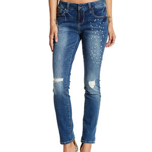 Jeans de Mezclilla para Mujer con Adornos de Perlas o Tachuelas, Corte Ajustado y Recto, Estilo Casual, Precio al por Mayor - Product Image 1