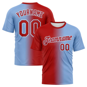 เสื้อฟุตบอลดีไซน์ไล่เฉดสีใหม่ ระบายอากาศได้ดี ผลิตจากโพลีเอสเตอร์ 100% เสื้อยืดย้อมสี เสื้อทีมฟุตบอลแบบกำหนดเองได้ - Product Image 2