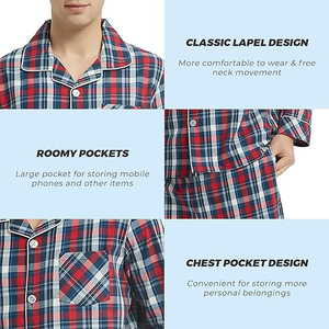 Pyjama en flanelle à carreaux, ensemble boutonné à manches longues, vêtements de nuit en coton doux pour l'hiver, pantalon long décontracté avec poche - Product Image 2