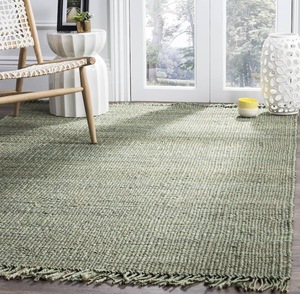 Tapis carré en jute vert uni à poils ras, tissé à la main, moderne, avec franges, fibre naturelle écologique, épaisseur moyenne, pour usage domestique - Product Image 1