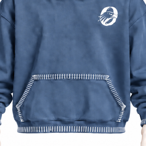 Sweat à capuche oversize bleu denim avec bordure cousue, effet vieilli, surpiqûres contrastées, poche kangourou, style streetwear moderne - Product Image 6