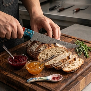 Couteau de cuisine professionnel à lame fixe en acier Damas, manche en résine bleue, pour la vente en gros, les OEM, les détaillants et les revendeurs - Product Image 5