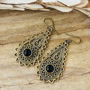 Unique Design Teardrop Dangle Earrings Silver Eye Boho Brass Jewelry Children's Antique Brass Finish Tribal Black Onyx <b>Gift</b> - Product Image 6