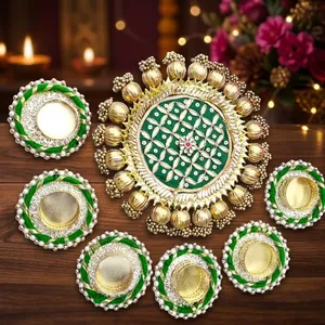 Handmade Eco-Friendly Luxury Unique Green Gold Pearl <b>Tealight</b> Candle <b>Holder</b> Set Floral Rangoli Tray Diwali Party Festival Home - Product Image 1