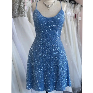 Sky Blue Sequin Dress Sleeveless Spaghetti Strap Women Mini Length Evening Party Wear Clothing Garment Cocktail Event Outfit - Product Image 1