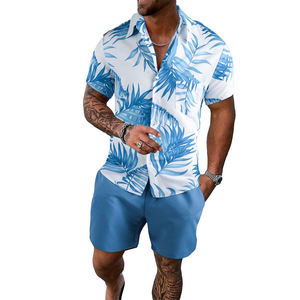 Chemise boutonnée à manches courtes pour homme, motif feuilles de palmier tropicales blanches et bleues, ensemble 2 pièces avec short assorti, tenue décontractée hawaïenne pour la plage - Product Image 6