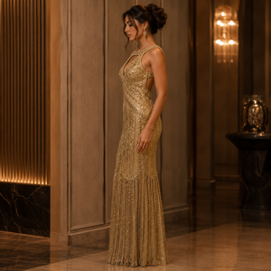 Luxury Gold Beaded Evening Gown for Women Sleeveless <b>Sequin</b> Maxi Dress Elegant Formal Party Wear Wedding Reception Prom Dress - Product Image 2
