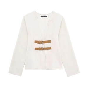 TRAFZA Retro Leather Buckle Woolen Coat Women's Fashion Solid V-Neck Long Sleeve Beige Autumn/Spring Chic Streetwear - Product Image 1
