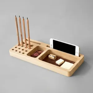 Organisateur de bureau en bois de pin, plateau de rangement rectangulaire multifonction, design minimaliste, à poser sur le bureau pour fournitures de bureau et téléphone - Product Image 1