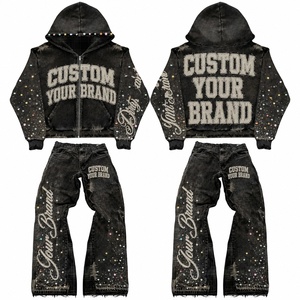 Ensemble sweat à capuche et pantalon en jean noir personnalisé, style streetwear vintage, avec broderie graphique vieillie, survêtement assorti unisexe tendance - Product Image 1