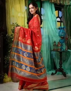 KV <b>Red</b> Cotton Handspun Handwoven Soft <b>Saree</b> With Nakshi Pallu With Unstitched Blouse - Product Image 5