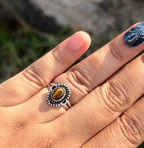 Anillos de latón macizo con ojo de tigre natural para mujer, joyería de moda vintage boho con piedras preciosas marrones - Product Image 2