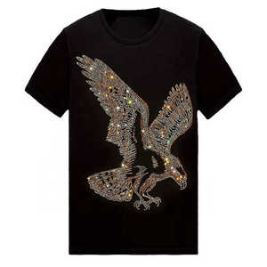 T-shirt uni à manches courtes pour homme, motif aigle en strass, col rond, coupe ample, 100 % coton jersey, écologique, respirant, haute qualité - Product Image 1