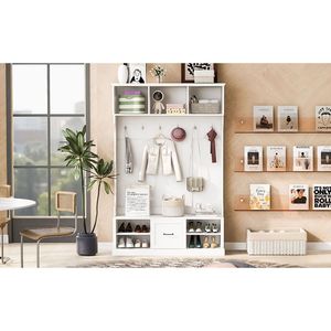 U-Can 57'' 3-in-1 <b>Hall</b> Tree <b>Coat</b> Hanger 6 <b>Hooks</b> & Spacious Drawer Entrance Entryway Bench for Living Room - Product Image 5