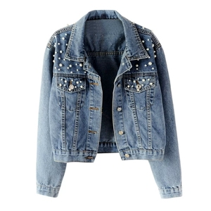 Chaqueta vaquera de talla grande para mujer, con adornos, efecto lavado, con tachuelas, rasgada, informal, con botones frontales y manga larga - Product Image 2