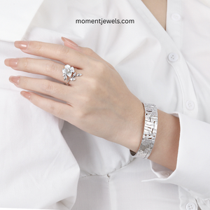 Flower <b>Cocktail</b> <b>Ring</b> 925 Silver Diamond Center Prong Setting Women's Romantic Style Adjustable Band - Product Image 3
