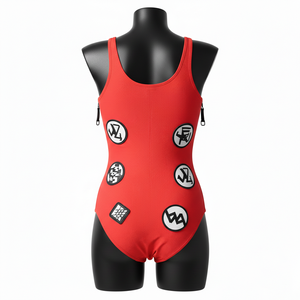 Maillot de bain femme 225 GSM en tissu polyester élasthanne haute extensibilité, rouge écarlate avec empiècements gris et logo imprimé. - Product Image 6