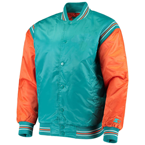 Men's Aqua Orange Breathable Winter Varsity Jacket Stand Collar <b>Covered</b> <b>Button</b> Closure Ribbed Cuffs Regular Fit Polyester/Cotton - Product Image 1