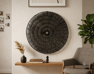 Grande assiette murale décorative en jonc de mer noir traditionnel tissé à la main, motif soleil éclatant, édition anniversaire pour salon, noir mystique - Product Image 3