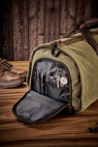 กระเป๋าเดินทางผ้าแคนวาสหนังแท้ สกรีนโลโก้ได้ตามสั่ง กันน้ำ รุ่น Weekender Duffel  กระเป๋าถือขึ้นเครื่อง LCTB-0080 - Product Image 4