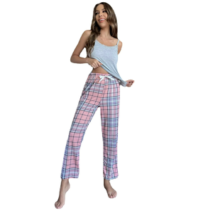 Women's Pink Plaid Pajama Set Spaghetti Strap Top Full Length Elastic Waist <b>Pants</b> Spring Autumn Sleepwear - Product Image 1
