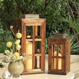 Outdoor Wooden <b>Lantern</b> <b>Set</b> Decorative Candle Holder <b>Lantern</b> with Glass Panels Rustic Garden and Patio Decor - Product Image 2