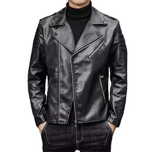 Men Jet Black <b>Biker</b> Leather <b>Jacket</b> PU Faux Leather Motorcycle <b>Jacket</b> Ribbed Sleeve Slim Fit OEM Custom Streetwear Coat - Product Image 1