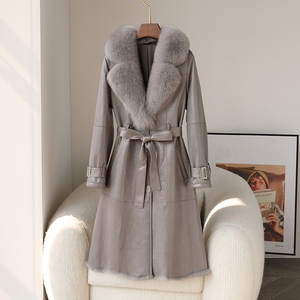 Parka longue tendance en cuir véritable écologique avec col en fourrure de renard et ceinture, manteau d'hiver pour femme de haute qualité - Product Image 5