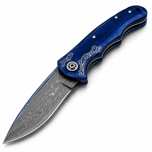 Cuchillo de bolsillo de acero de Damasco con punta de gota, mango de aluminio azul, pomo de pulgar, grado industrial, hoja recta de 0.6mm de espesor - Product Image 1
