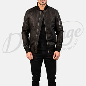 Chaqueta Bomber MA-1 de Cuero Genuino Negro Desgastado para Hombre con Bolsillo Utilitario en la Manga y Ribete Acanalado - Product Image 5