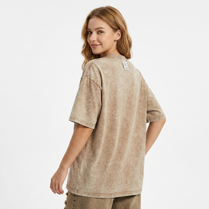 T-shirt décontracté pour femme 100 % coton, coupe oversize, couleur unie, manches courtes, col rond, effet délavé, grande taille, longueur longue, teint - Product Image 3