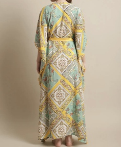 Wholesale Women's Bohemia Maxi Abaya V Neck Floral Print Rayon <b>Kaftan</b> Loose Fit Summer Dress With Pom Pom Trim Middle East Style - Product Image 5