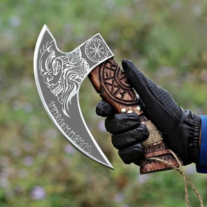 Hache Tomahawk à dos plat en acier à haute teneur en carbone Ahmad Fabric, lame à 4 tranchants, manche en bois sculpté motif nordique, coupe-pizza - Product Image 3