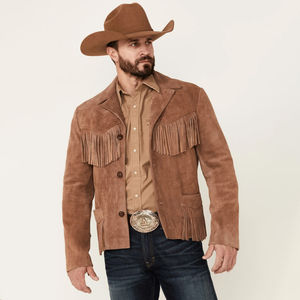 Wholesale Custom Premium Brown Color PU <b>Fringe</b> Leather <b>Jacket</b> Men's Western Cowboy Breathable Eco-Friendly Winter - Product Image 3