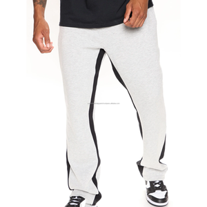 Pantalon de survêtement pour homme 100% coton 400 GSM brodé personnalisé Vintage fond ample empilé panneau latéral Joggers mi-dimensionnés plats - Product Image 3