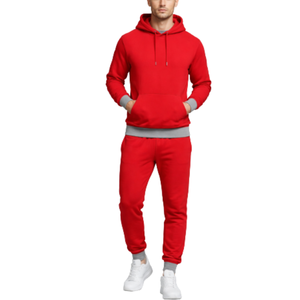 Conjunto Deportivo Premium para Hombre en Rojo Sólido – Sudadera con Capucha Lisa y Puños Elásticos Grises en Contraste – Traje de Dos Piezas para Entrenamiento - Product Image 1