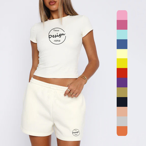 Summer Women's <b>Y2K</b> Style Two Piece Shorts Set 100% Cotton Breathable Embroidered Short Sleeve Crop <b>Top</b> Casual T-Shirt Shorts - Product Image 1
