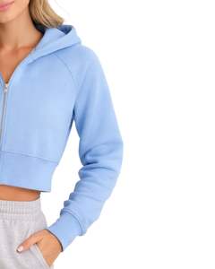 Sudadera con capucha corta para mujer, azul claro, de algodón y forro polar, corte ajustado, estilo casual, ligera, para mujer - Product Image 3