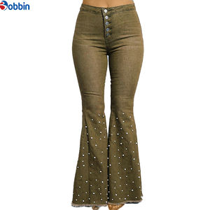 Nuevos Jeans de Mujer Talla Grande, Diseño Casual Moderno, Alta Calidad, Estilo Urbano, con Cuentas, Ajustados, Elásticos y Acampanados - Product Image 1