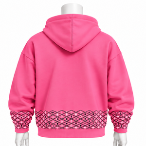 Sudadera con capucha rosa para hombre, bordada, oversize, de forro polar, con bolsillo canguro y puños decorativos, estilo casual urbano. - Product Image 2