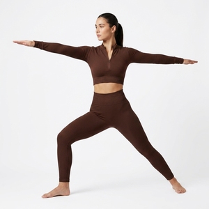 <b>Women</b> Ribbed <b>Quarter</b>-<b>Zip</b> Crop Top High Waist Full Length Leggings 2 Piece Yoga Set Solid Color Activewear Workout Wear - Product Image 6
