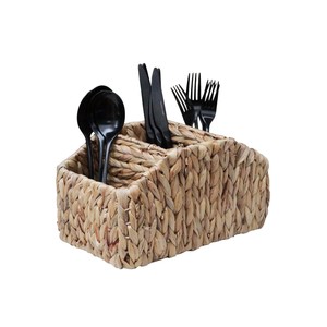 Water Hyacinth Utensil <b>Caddy</b> 4 Compartment Woven Silverware Holder with Handle Wood Beads Decorative Cutlery Basket For Kitchen - Product Image 1